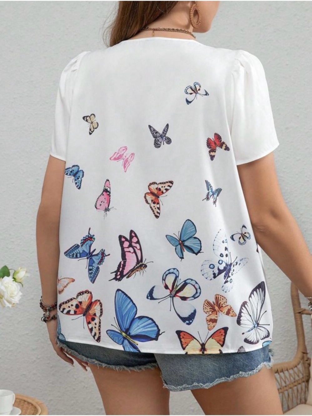 Shein Curve Women 3XL Butterfly Print Keyhole Neck Short Sleeve Blouse White - Picture 11 of 11